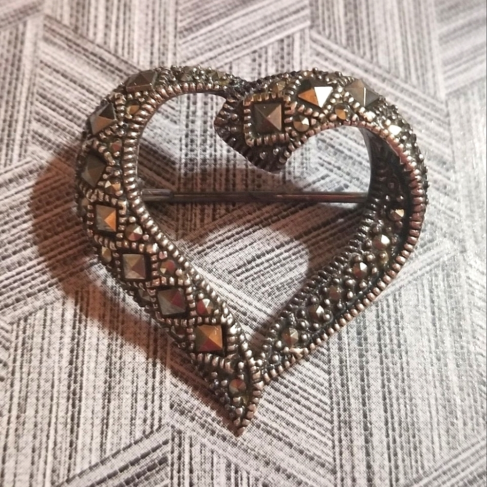 Vintage Sterling Marcasite Heart Brooch Hand Crafted